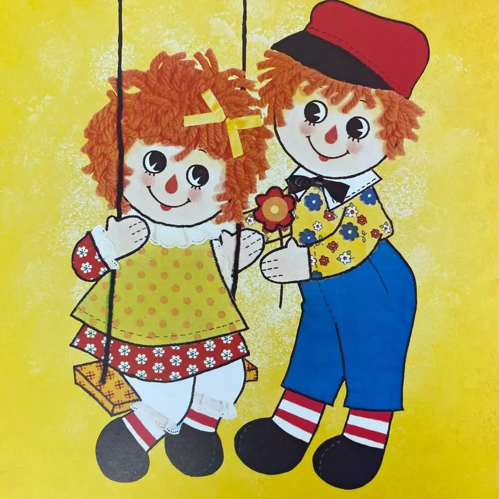 Vintage 70s Raggedy Ann & Andy Lithograph Nostalgic Nursery Wall Art MCM 12”x9”